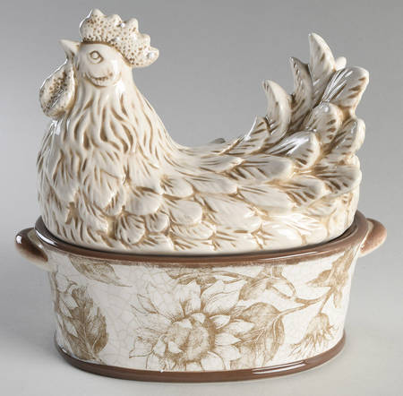 Toile Rooster Figural Serving Bowl & Lid