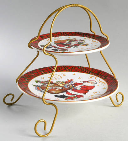 Vintage Santa 2 Tier Server Plates & Metal Stand
