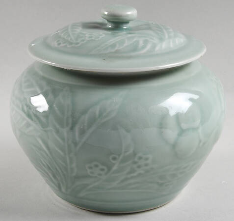 Celadon Floral Cookie Jar & Lid