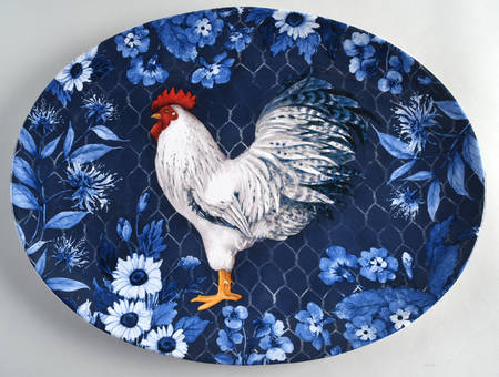 Indigo Rooster 16" Oval Serving Platter