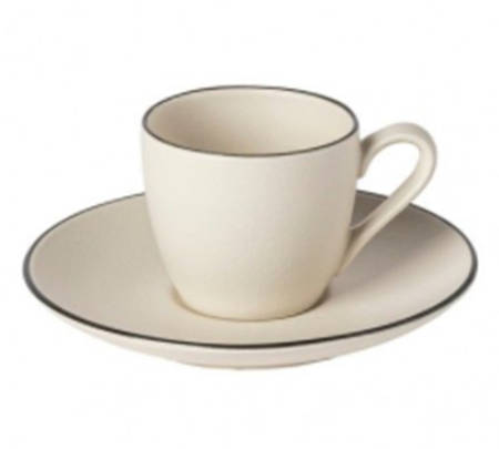 Augusta Natural (Black Trim) Flat Demitasse Cup & Saucer Set