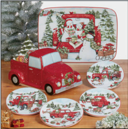 Red Truck Snowman Figural Cookie Jar & Lid