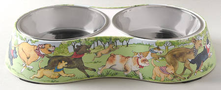 Dog Park Double Pet Bowl with Metal Inserts