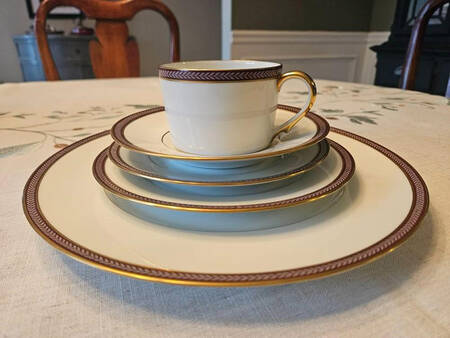 Laurier Burgundy Flat Cup & Saucer Set