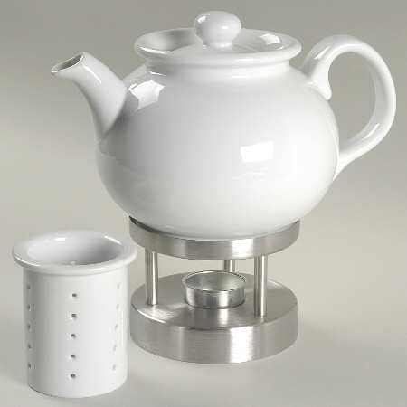 Cafe Blanc (Rim) Tea Pot & Lid with Infuser & Metal Warmer Stand