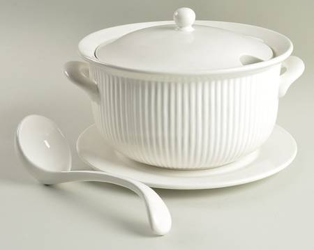 Fluted White Cafe Tureen & Lid w/Ladle & Underplate