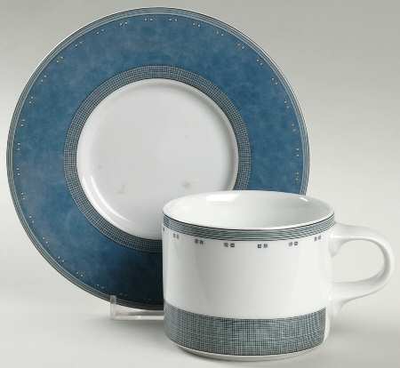 Gridworks Blue (Bands and Squares Rim) Flat Cup & Saucer Set