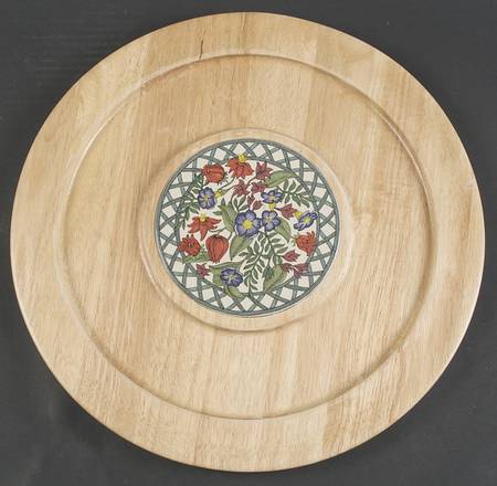 Nordic Garden-Lattice & Ribbon Round Wood Cheeseboard w/Ceramic Tile