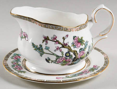 Indian Tree Round Gravy Boat & Bread and Butter Stand by Duchess