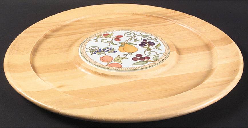 Umbrian Fruits Round Wood Cheeseboard w/Ceramic Tile
