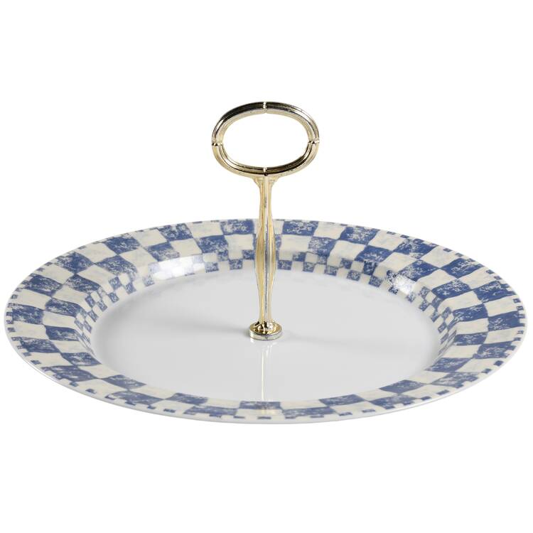 Checkar Blue Round Serving Plate with Center Handle (Dp) Hc