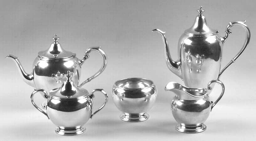 Puritan (Sterling, Hollowware) 5 Piece Tea Set (SCP, STP, SCR, SSU, SWB)