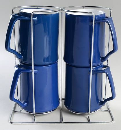 Kobenstyle Blue Mug Set-4 Mugs & Metal Holder