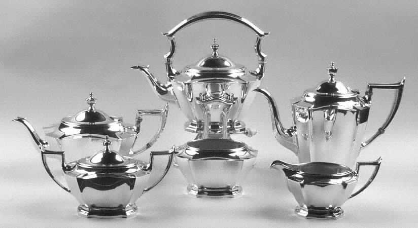 Essex (Sterling, 1911, Hollowware) 6 Piece Tea Set (SCP, STP, SCR, SSU, SWB, SKES)