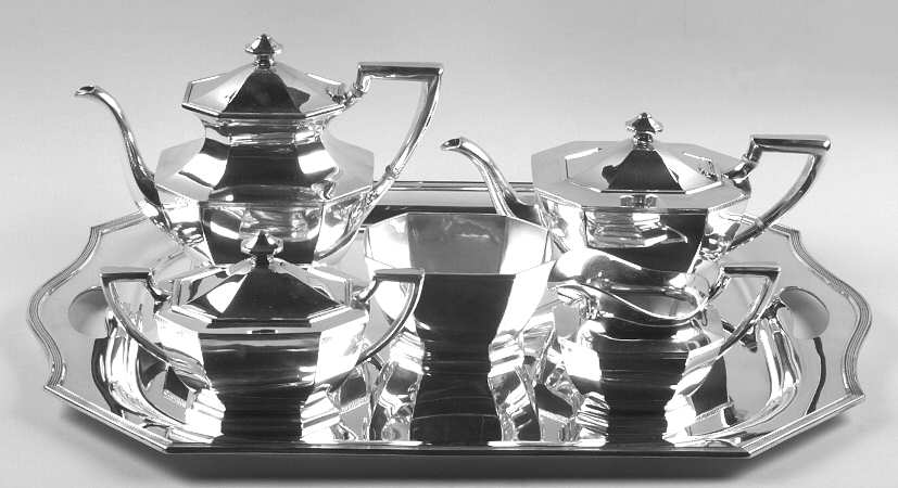 Queen Anne-Plain (Sterling, 1910, Hollowware) 6 Piece Tea Set (SCP, STP, SCR, SSU, SWB, WTL)