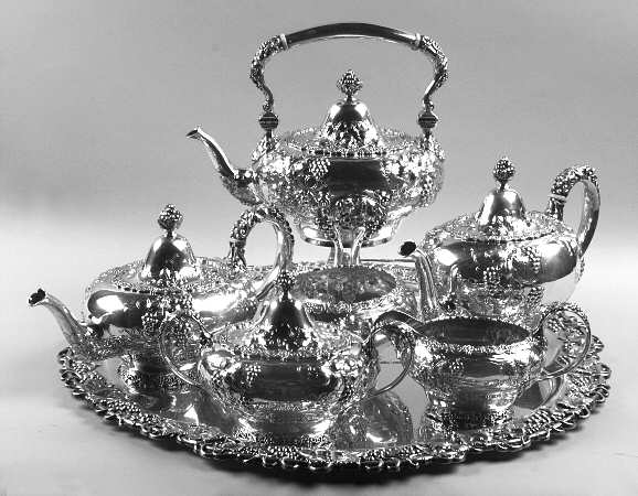 Grape (Sterling, 1895, Hollowware) 7 Piece Tea Set (SCP, STP, SCR, SSU, SWB, SKES & WTL)