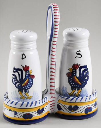Blue Rooster Salt & Pepper w/Metal Lids & Tray Set
