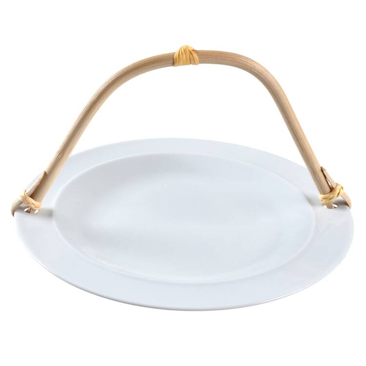 White 5 3/8"-5 5/8" Bamboo Handled Serving Plate  HC