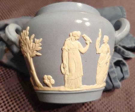 Jasper Ware Cream on Blue 4" Handled Vase