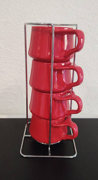 Kobenstyle Chili Red (Newer) Flat Demitasse Cups & Metal Holder - Set of 4