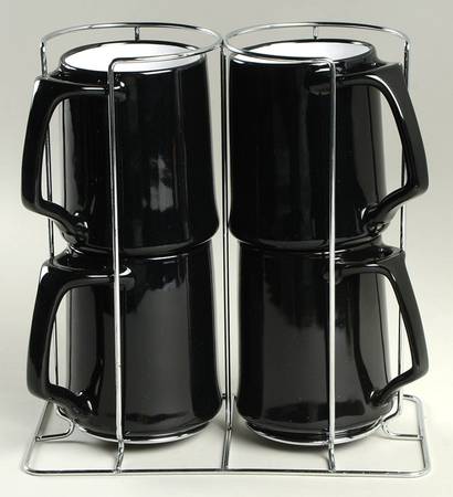 Kobenstyle (Black Outside and Bottom, White Inside Mug Set-4 Mugs & Metal Holder