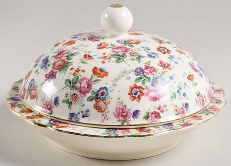 DORSET (CHEERY CHINTZ, GOLD TRIM) Muffin Dish & Lid
