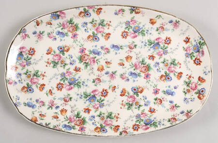 DORSET (CHEERY CHINTZ, GOLD TRIM) 12" Oval Serving Platter