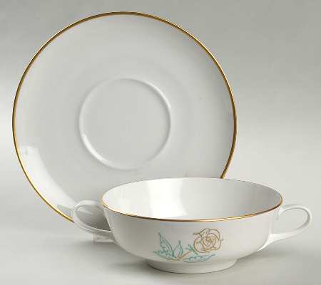 Spencerian Rose Flat Cream Soup Bowl & Saucer Set