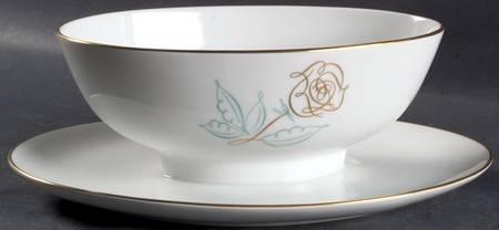 Spencerian Rose Gravy Boat with Attached Underplate