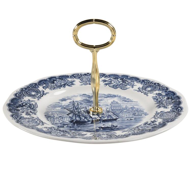 Historical Ports of England Blue Round Serving Plate with Center Handle (Dp) Hc