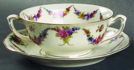 9954-9195 (Cream, Emboss Groove Edge) Footed Cream Soup Bowl & Saucer Set
