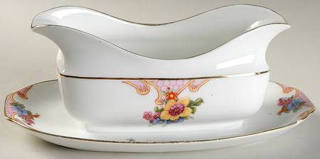 Bridal Rose (White Background) Gravy Boat with Attached Underplate