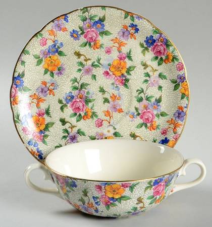 Warwick (Gray Lines, Gold Trim) Flat Cream Soup Bowl & Saucer Set