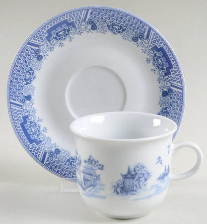 Chinese Garden Blue Flat Cup & Saucer Set