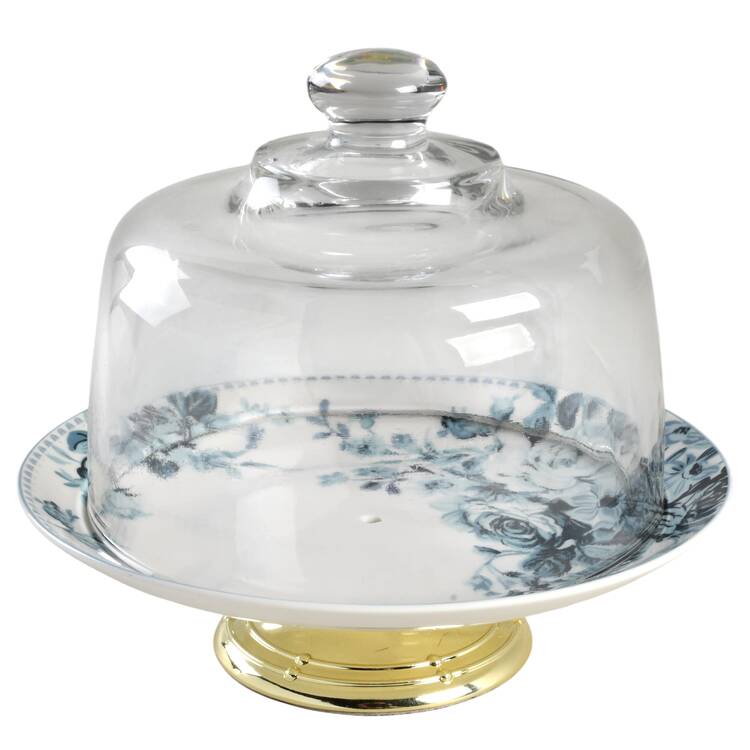 Traditional Blue Rose 6 1/2"-7 1/2" Footed Cheese Plate w/ Glass Dome HC