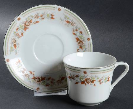 Floral Mist (Green Band) Flat Cup & Saucer Set