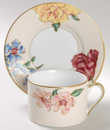 Bariolage Des Fleurs (Buff Rim) Flat Cup & Saucer Set