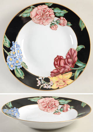 Bariolage Des Fleurs (Black Rim) Large Rim Soup Bowl