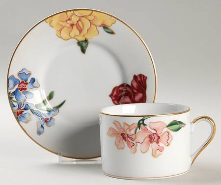 Bariolage Des Fleurs White Flat Cup & Saucer Set