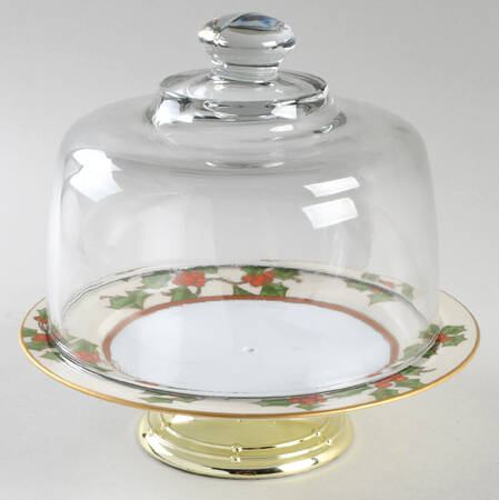 Christmas Holly 6 1/2"-7 1/2" Footed Cheese Plate w/ Glass Dome HC