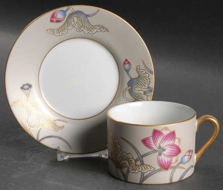 Cloisonne Lotus (Silver Satin) Flat Cup & Saucer Set