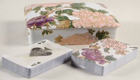 Cloisonne Peony White Double Deck Playing Card Box & Lid with Cards