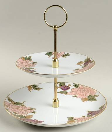 Cloisonne Peony White 2 Tiered Serving Tray (Dinner & Salad Plate)
