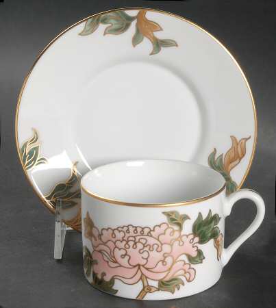 Cloisonne Peony White Flat Cup & Saucer Set by Fitz & Floyd