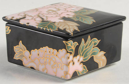 Cloisonne Peony Black Square Box with Lid