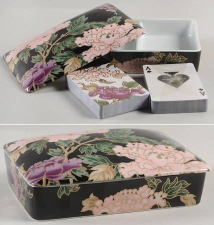 Cloisonne Peony Black Double Deck Card Box with Cards (Regular & #1)