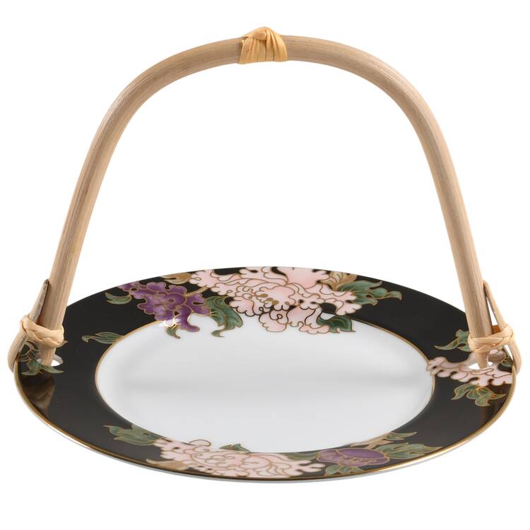 Cloisonne Peony Black 5 3/8"-5 5/8" Bamboo Handled Serving Plate  HC