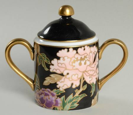 Cloisonne Peony Black Sugar Bowl & Lid