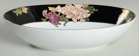 Cloisonne Peony Black 10" Oval Vegetable Bowl