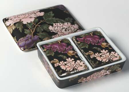 Cloisonne Peony Black Double Deck Playing Card Box & Lid with Cards